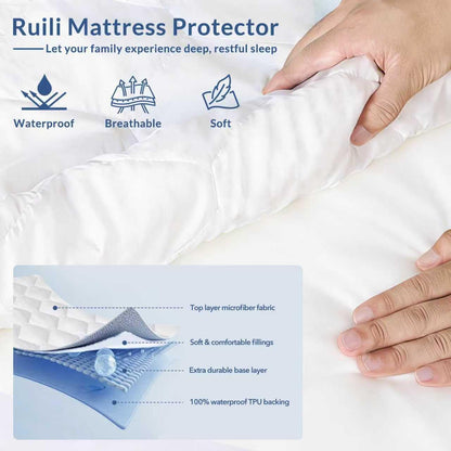 Skiennix Queen Mattress Protector - Waterproof & Washable Fitted Cover | Soft, Noiseless, Deep Pocket (White)