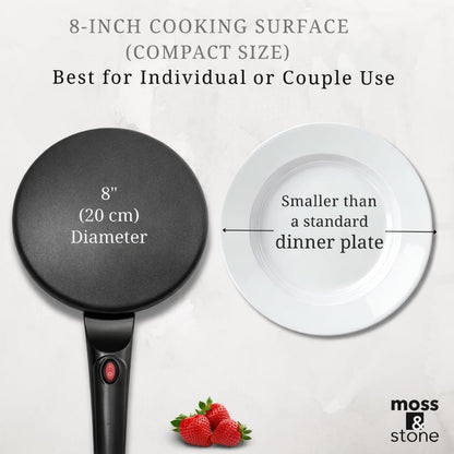 Moss & Stone Electric Crepe Maker - 8” Nonstick Portable Pan with Dipping Plate & Auto Shut-Off
