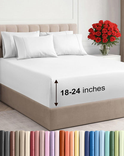 Skiennix Extra Deep Cal King Sheet Set - 6 Piece Breathable Cooling Bedding - Soft, Wrinkle-Free White