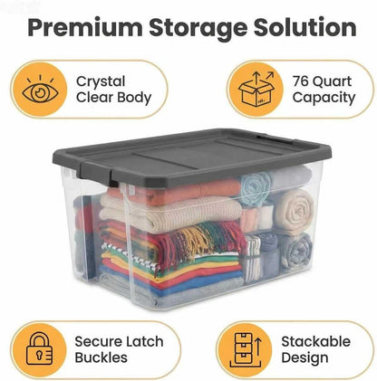 Regine Switzerland 76 Quart Clear Plastic Storage Bins - Durable Latch Lid for Office & Garage Organization | Dark Gray (2 Pack)