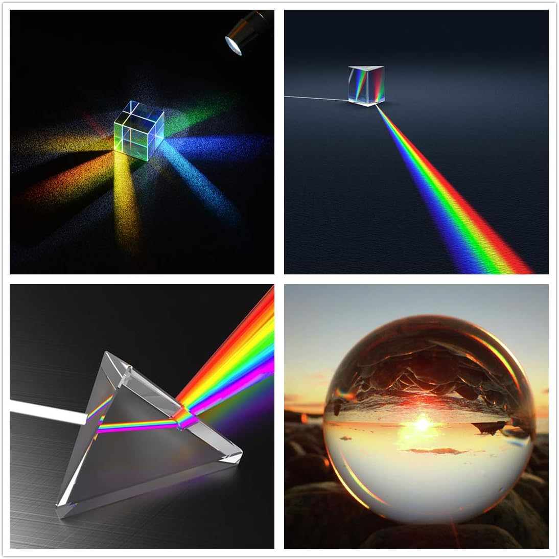 Optical Crystal Photography Prism Set - 4 Pack with 50mm Crystal Ball, Cube & Triangular Prism