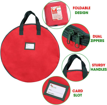 Primode Heavy Duty Wreath Storage Bag - Durable 600D Oxford Polyester for 30” Christmas Wreaths - Red