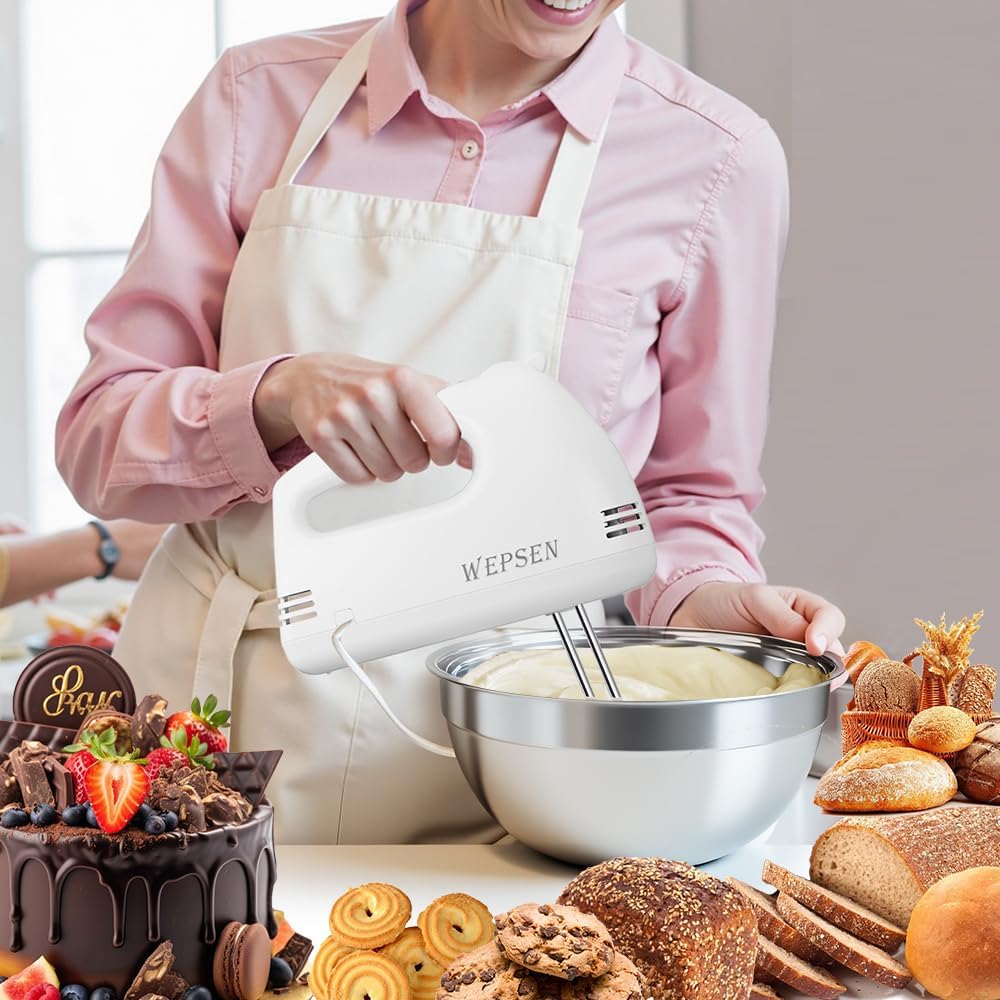 Skiennix 5-Speed Electric Hand Mixer - Includes 4 Large Mixing Bowls & Whisks for Baking