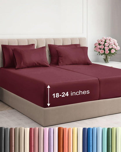 Skiennix Extra Deep Split King Sheet Set - 7 Piece Breathable Cooling Bedding - Soft Wrinkle-Free Burgundy