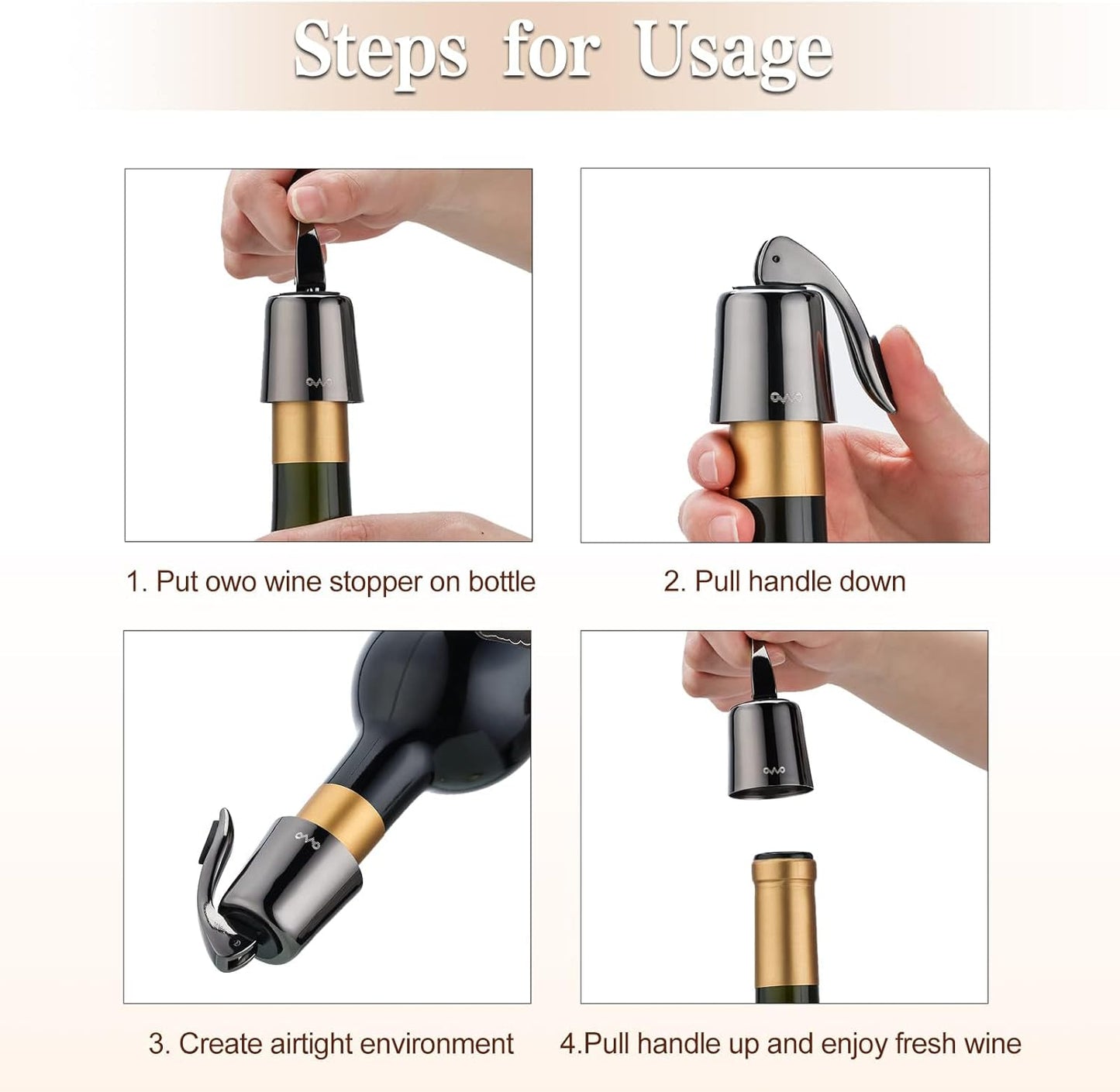 OWO Stainless Steel Wine Bottle Stopper, Reusable Wine Saver with Silicone Seal, Decorative Bottle Sealer, Keeps Fresh（Metal Black, 1 Pack)
