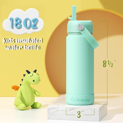 Fimibuke Kids Insulated Water Bottle - 18oz BPA-Free Stainless Steel Tumbler with Straw | Leak-Proof Black