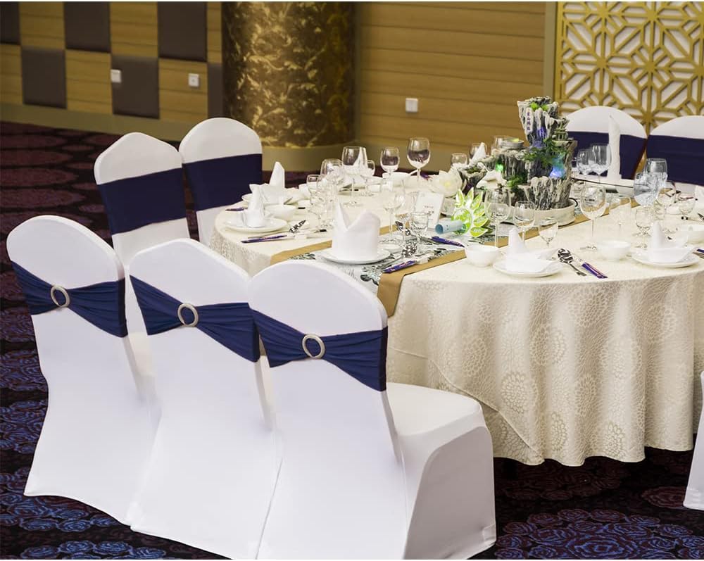 Skiennix 50 Pack Navy Blue Stretch Spandex Chair Sashes - Elastic Bows with Slider Buckles for Weddings & Events