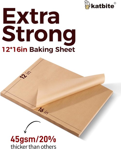 Katbite Unbleached Parchment Paper - 200 Precut Sheets, 12x16 In, Heavy Duty for Baking & Cooking