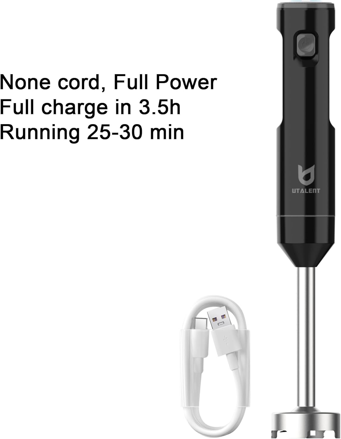 UTALENT Cordless Hand Blender - Variable Speed Immersion Blender with Chopper & Whisk | Black, 500ml & 600ml