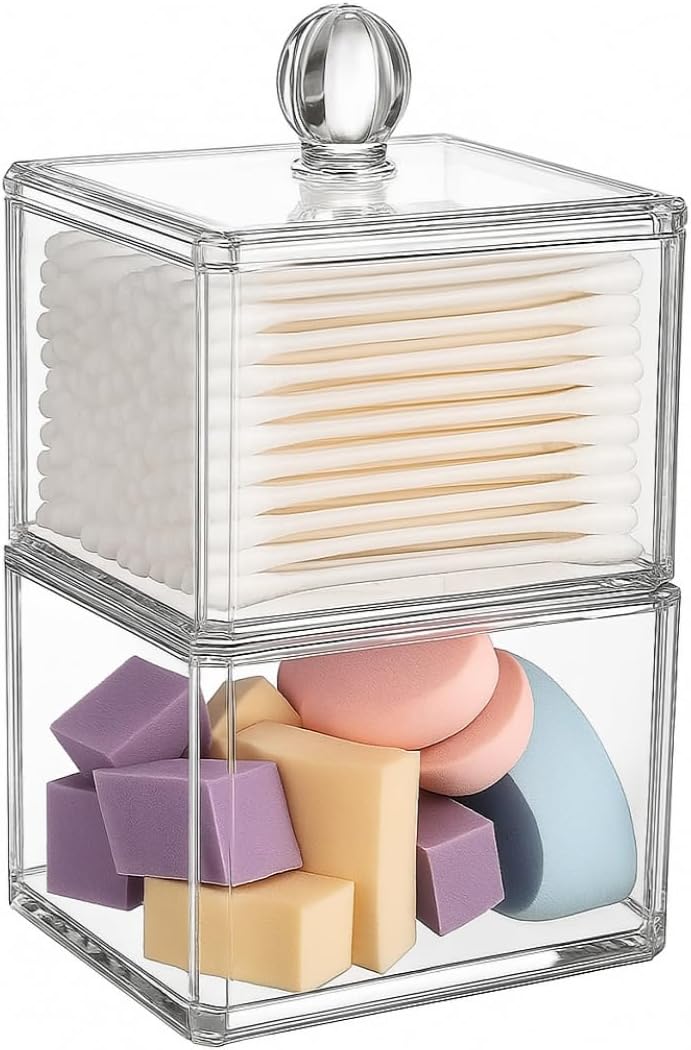 Skiennix Stackable Square Acrylic Cotton Ball Holder - Elegant Q-Tip Dispenser for Bathroom | Single Pack