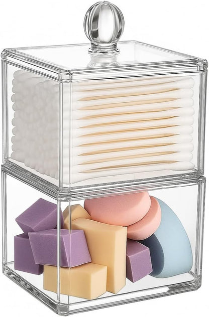 Skiennix Stackable Square Acrylic Cotton Ball Holder - Elegant Q-Tip Dispenser for Bathroom | Single Pack
