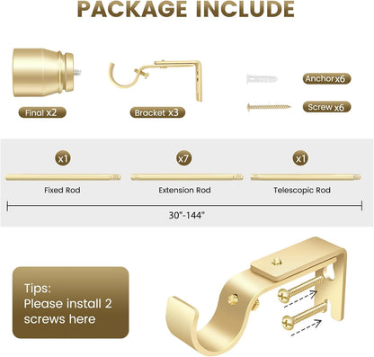 Regine Switzerland 1” Diameter Adjustable Curtain Rod - Heavy Duty Gold Splicing Design, 30-144 Inch