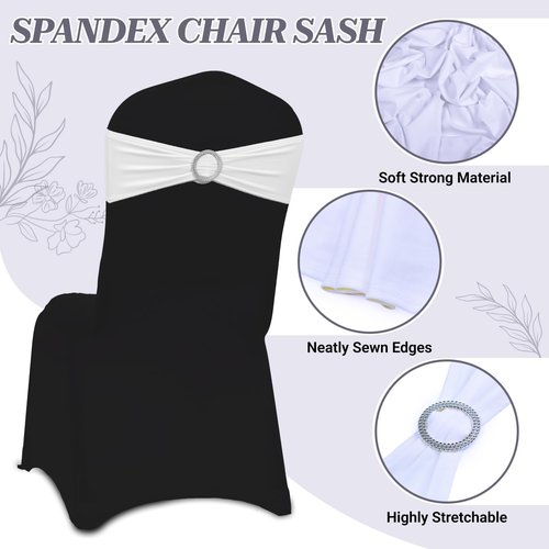 MDS Spandex Chair Sashes - Pack of 250 Universal Stretch Bows with Buckle Slider for Wedding Decor - White