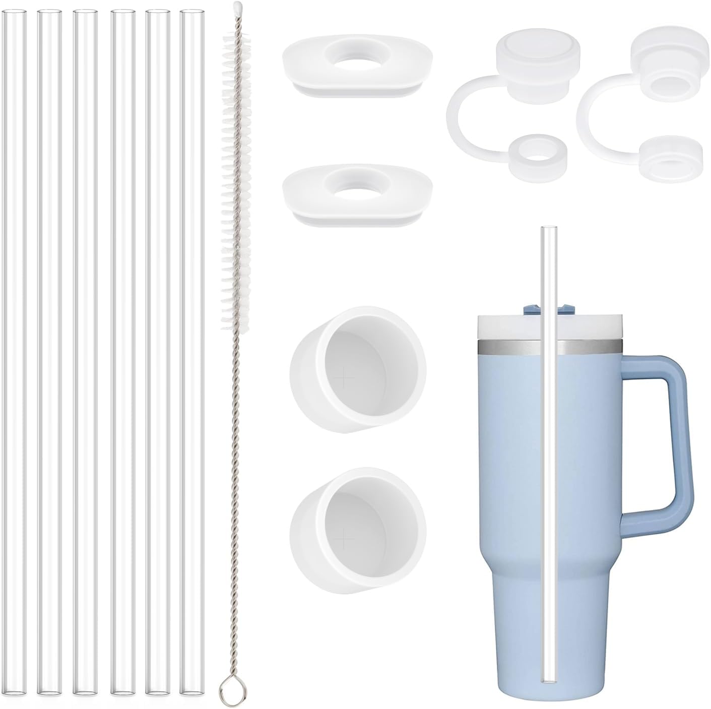 Stanley Replacement Straw Set - 6 Straws with Cleaning Brush & 4 Color Leak-Proof Plugs | Compatible with 40 oz & 30 oz Tumblers