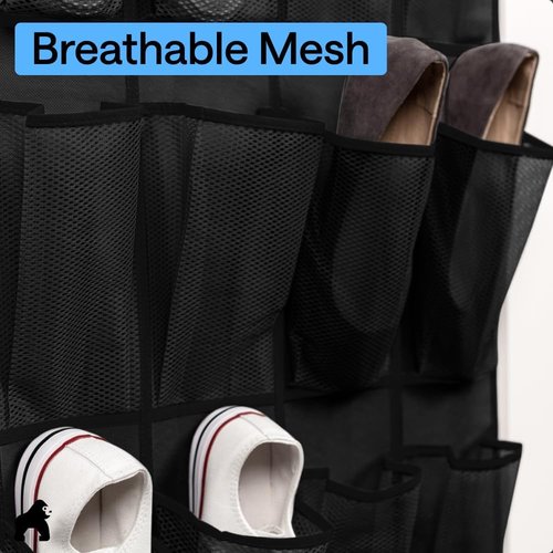 GORILLA GRIP Over The Door Shoe Organizer - 24 Extra Large Breathable Mesh Pockets | Space-Saving Storage in Black