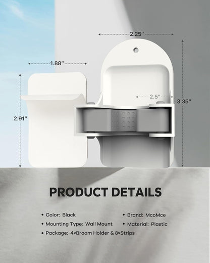 Skiennix Plastic Broom Holder Wall Mount - Durable White Design | 4 Count for Easy Organization