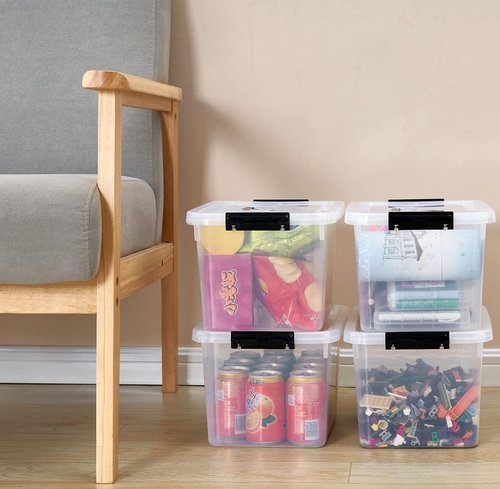 Clear Storage Latch Box 12 Quart - Durable Plastic Organizing Bin with Lid & Black Handles | 6-Pack