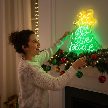 Neon Sign by Christmas Tree - USB Powered LED Wall Decor | Peace, Love, Joy Design for Holiday Parties
