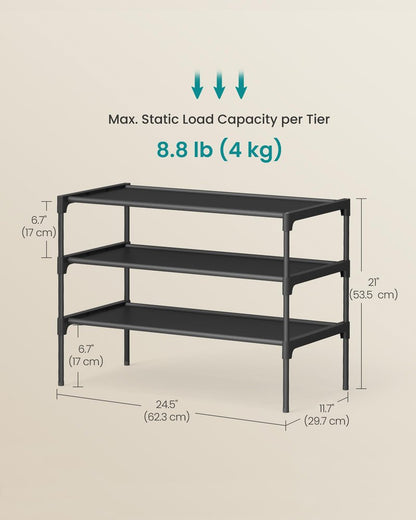 SONGMICS Shoe Rack, 3-Tier Shoe Storage Organizer, Space-Saving, 11.7 x 24.5 x 21 Inches, Entryway, Metal Frame, Non-Woven Fabric Shelves, Ink Black ULSH023BH01