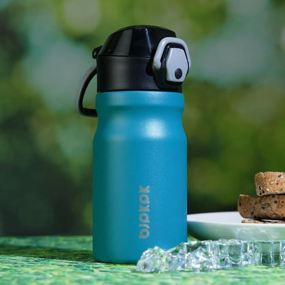 BJPKPK Insulated Water Bottle - 14oz Stainless Steel Flask with Straw & Carry Handle | Dark Grey