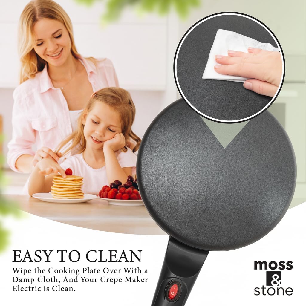 Moss & Stone Electric Crepe Maker - 8” Nonstick Portable Pan with Dipping Plate & Auto Shut-Off