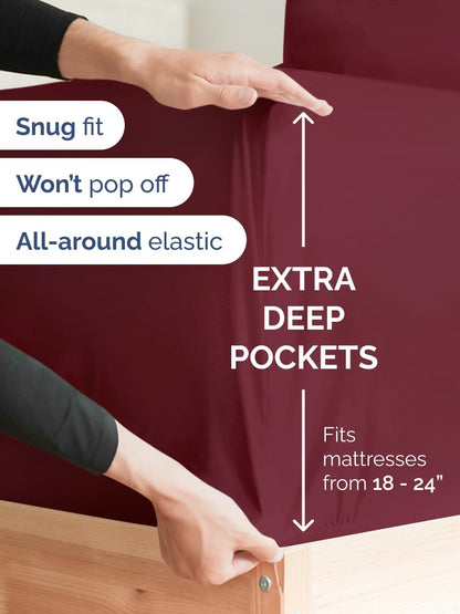 Skiennix Extra Deep Split King Sheet Set - 7 Piece Breathable Cooling Bedding - Soft Wrinkle-Free Burgundy