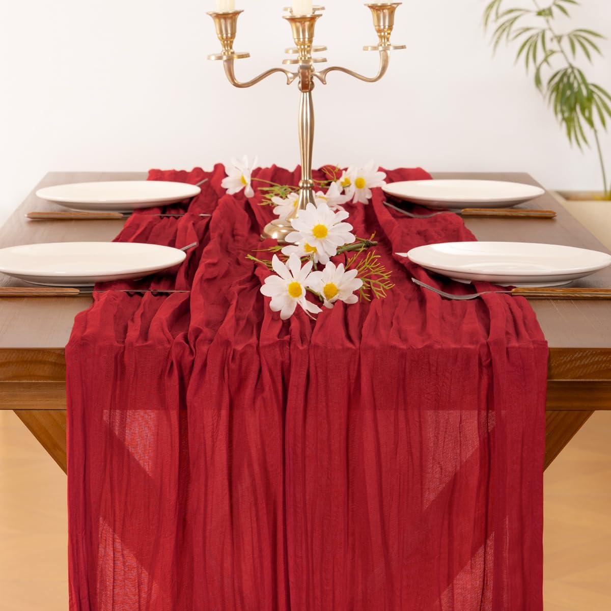 Socomi Cheesecloth Table Runner - 120 Inch Red Boho Rustic Gauze for Weddings & Events