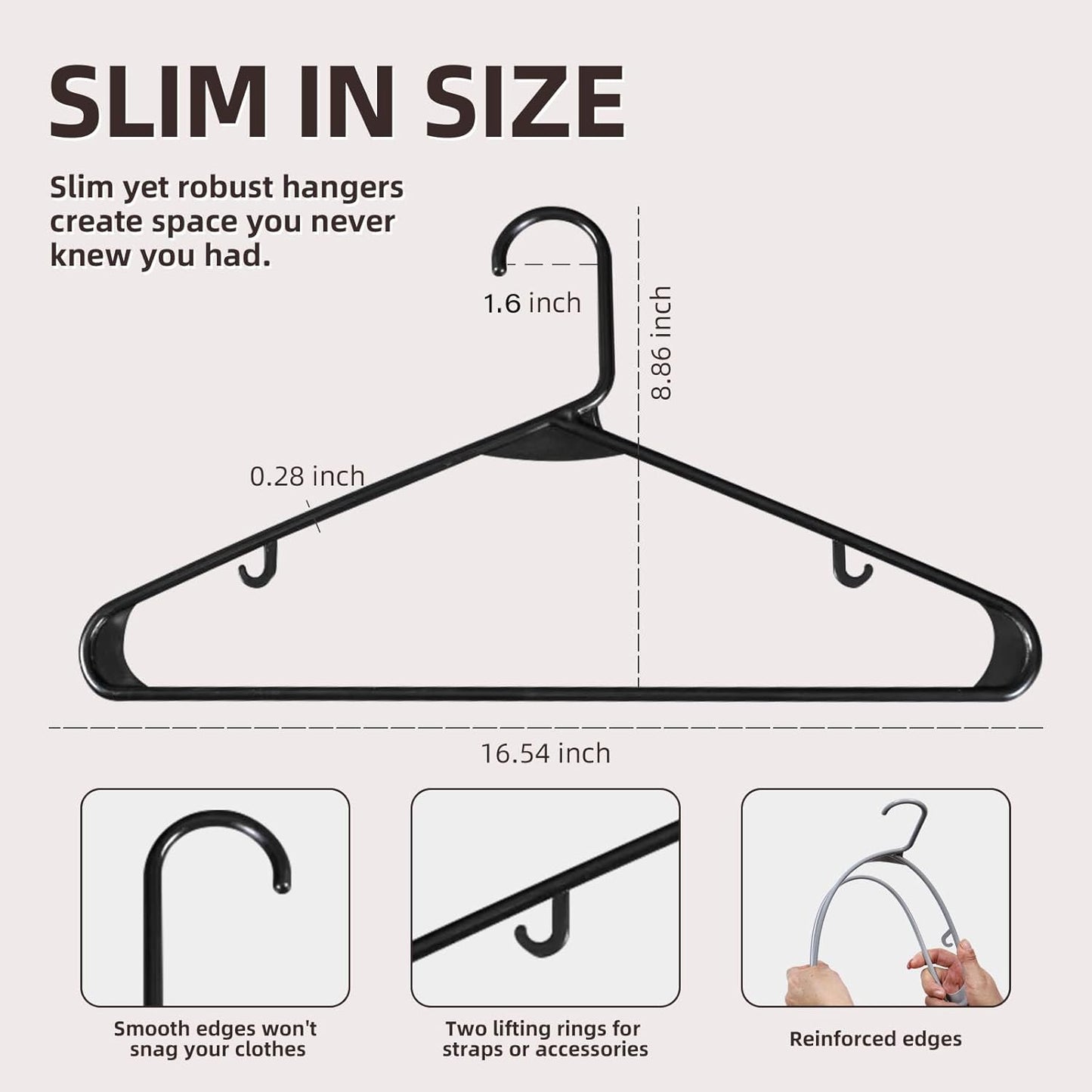 Skiennix Plastic Hangers - Space-Saving, Sturdy Design with 2 Built-In Hooks | 20 Pack