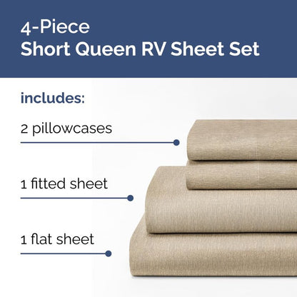 Short Queen Size 4 Piece Sheet Set - RV Short Queen, Soft, Breathable & Cooling Bed Sheets Set with Deep Pockets - Hotel Luxury Bedding for Women, Men, Kids, Teens, Boys and Girls - Heathered Beige