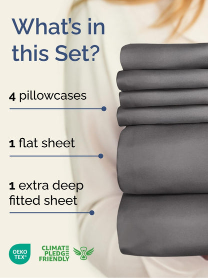 Skiennix Extra Deep King Sheet Set - 6-Piece Breathable Cooling Bedding - Soft, Wrinkle-Free Grey