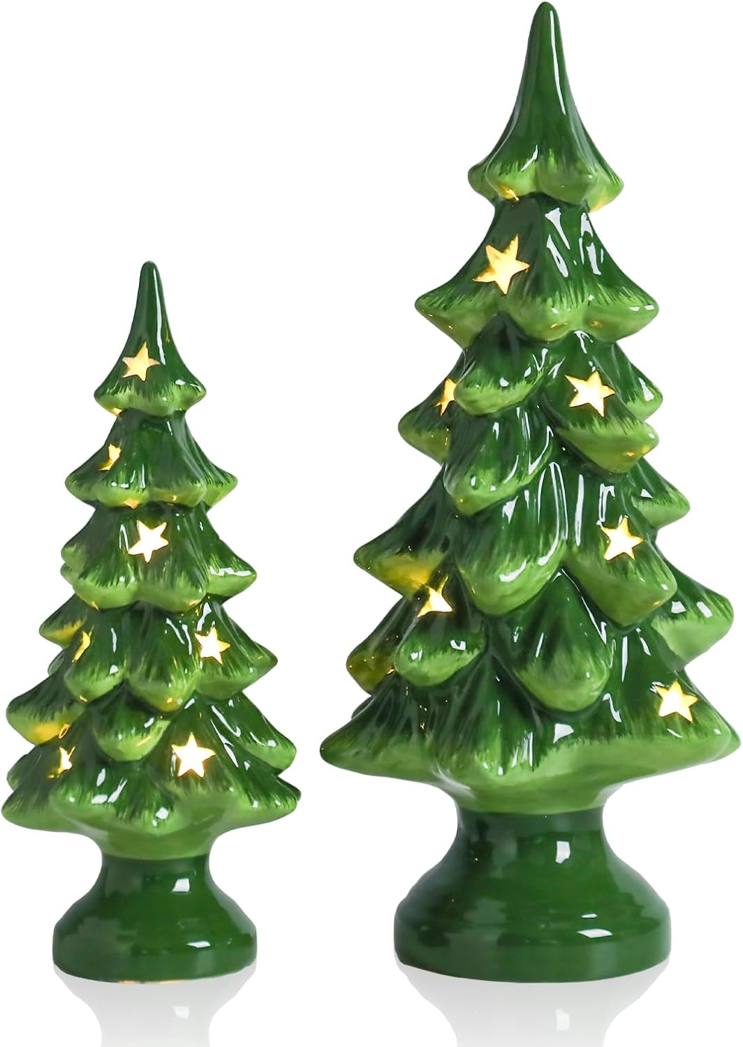 Taman Ceramic Christmas Tree Set - Light Up Tabletop Decor with Warm Lights | 10” & 7.5” Sizes