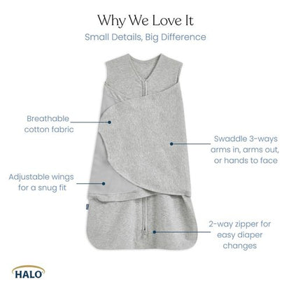 HALO Sleepsack Swaddle - 100% Cotton 3-Way Adjustable Wearable Blanket | Baby Blue, Newborn 0-3 Months