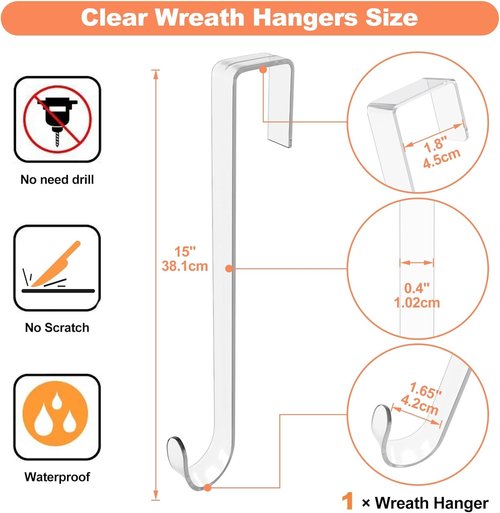Clear Wreath Hanger - 15" Invisible Over The Door Hook | Non-Scratch, 10lb Heavy Duty Decor