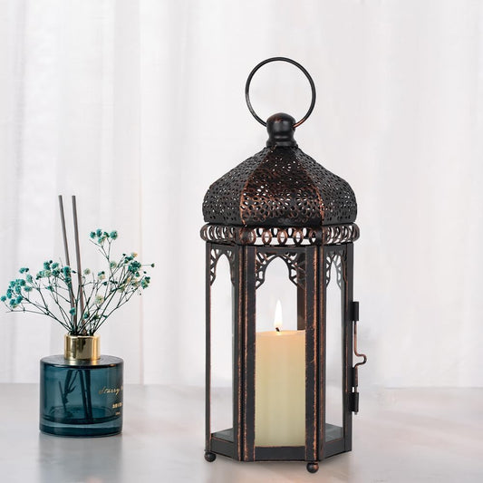 **DECORKEY Vintage Lantern - Medium Moroccan Hanging Lantern with Clear Glass for Indoor & Outdoor Decor**