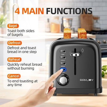 Black Stainless Steel Toaster - 2 Slice Extra Wide Slot for Bagels & Bread | 7 Shade Settings & Removable Crumb Tray