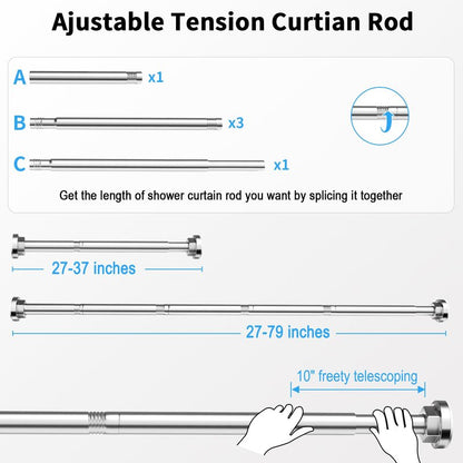 Shower Curtain Rod 27-79 Inches, Adjustable Tension Shower Rod No Drilling, No Slip, Spring Tension Curtain Rod for Bathroom Kitchen Closet Windows - Silver
