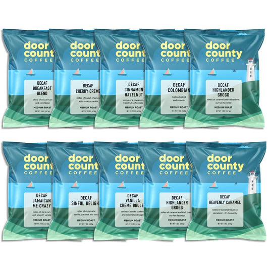 Door County Coffee Gourmet Flavored Decaf Coffee Sampler Pack - 10 Unique 1.5 oz Bags of Specialty Grade 1 Arabica