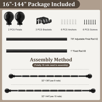 Skiennix Black Curtain Rods - Heavy Duty Metal Adjustable 72-144 Inch for Blackout Window Treatments
