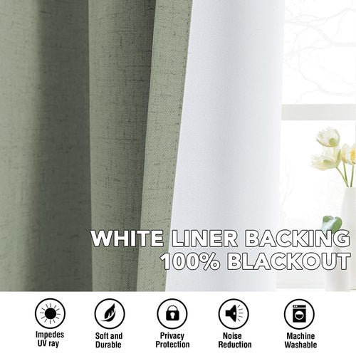 H.VERSAILTEX Linen Curtains 100% Blackout Curtains for Bedroom 84 inch Long Full Light Blocking Nature Linen Blended Window Curtains for Living Room Nickel Grommet (2 Panels, Heathered Dried Sage)