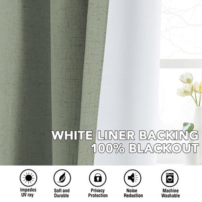 H.VERSAILTEX Linen Curtains 100% Blackout Curtains for Bedroom 84 inch Long Full Light Blocking Nature Linen Blended Window Curtains for Living Room Nickel Grommet (2 Panels, Heathered Dried Sage)