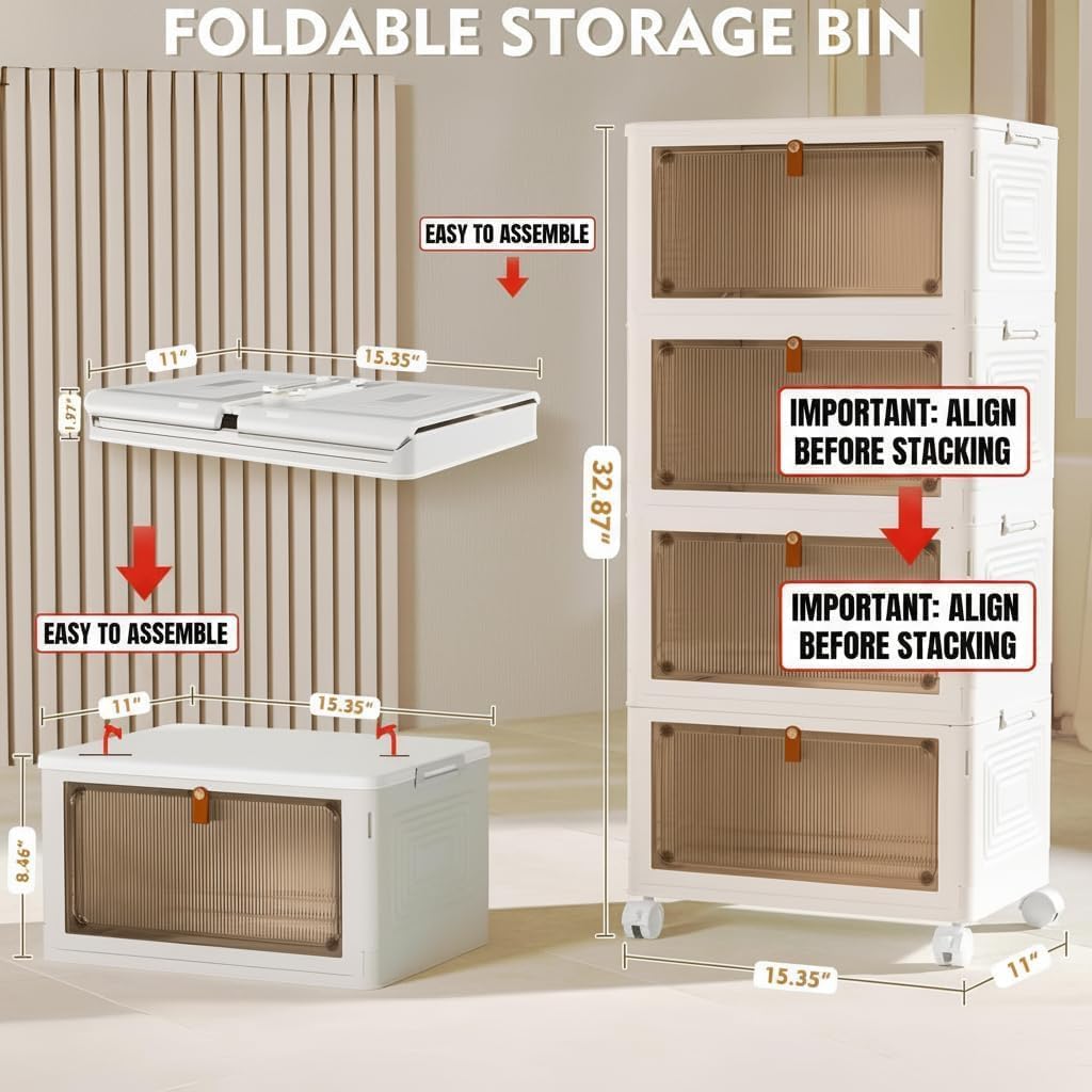 Skiennix 4-Tier Plastic Storage Bins - Stackable Containers with Wheels for Home & Office | 23QT