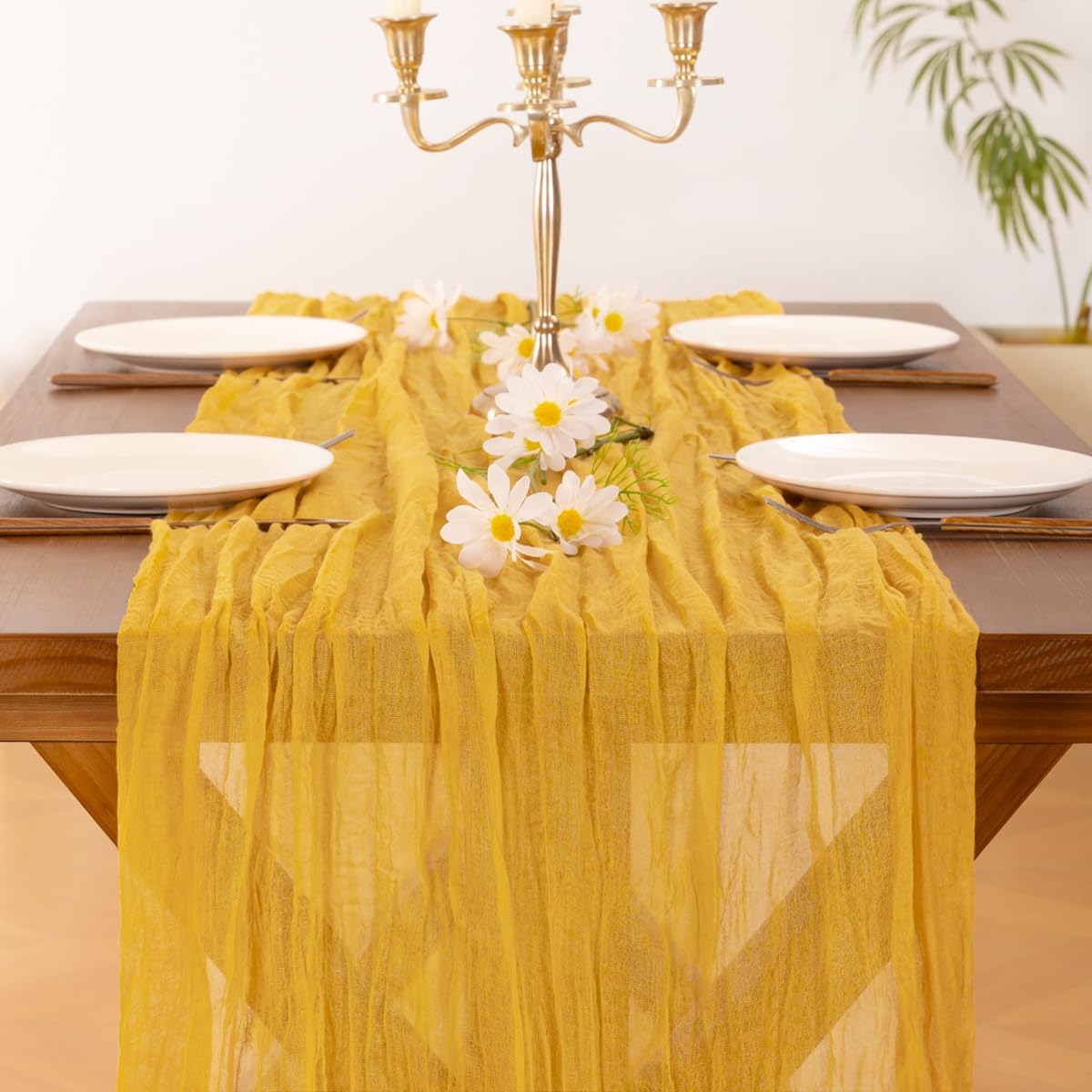 Socomi Cheesecloth Table Runner - 3pcs Gold Yellow Boho Rustic Design | 120 Inch for Weddings & Parties