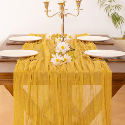 Socomi Cheesecloth Table Runner - 3pcs Gold Yellow Boho Rustic Design | 120 Inch for Weddings & Parties