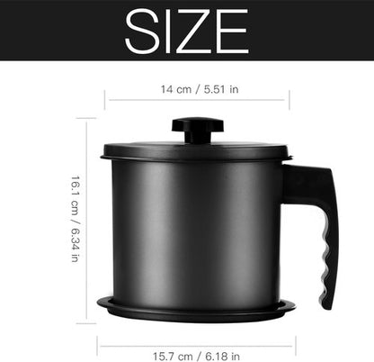 Cambom Bacon Grease Container - 1.3L Iron Cooking Oil Can with Fine Mesh Strainer & Coaster Tray | Black