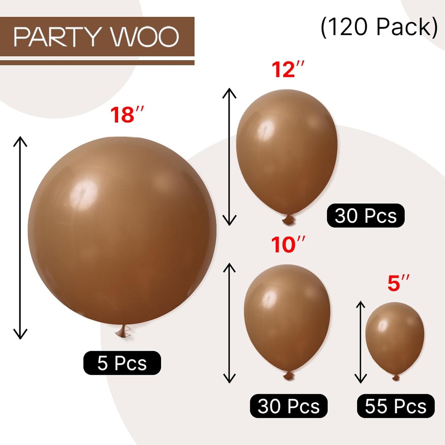 PartyWoo Brown Balloons - 120-Piece Boho Neutral Fall Arch Kit | 18", 12", 10", 5" Sizes for Birthday & Baby Shower Decor