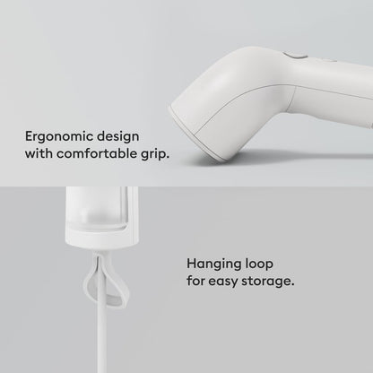 Steamery Handheld Clothes Steamer Cirrus Core, 1350W, Steam Output 0.74 oz/min, Heat up in 15 Seconds, Dry Steam Technology, Hanging Loop, Visible Water Tank, Portable, Scandinavian Design (White)