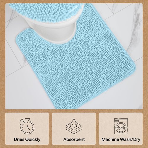 GORILLA GRIP Plush Absorbent Shaggy Chenille Bath Rug Mat for Square Toilet Base with Rubber Backing, Machine Washable Rugs, Soft Microfiber Contour Mats for Toilets, Bathroom Decor, Sky