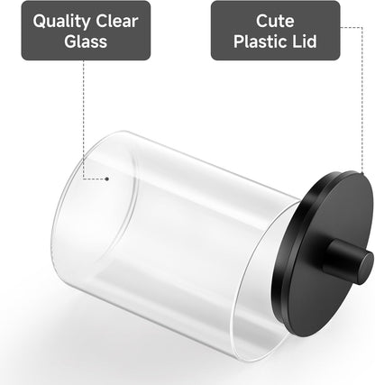 TIPGO Glass Qtip Holder Dispenser - 10 oz Clear Apothecary Jar for Cotton Swabs & Makeup Storage | 4 Pack, Black
