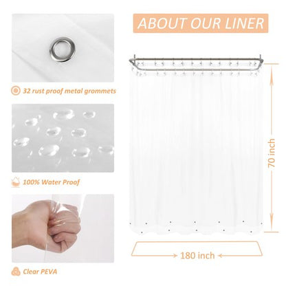 Mrs Awesome Clawfoot Tub Shower Curtain or Liner with 12 Magnets - Free 36 Hooks Included, Waterproof PEVA, 180" x 70", Clear