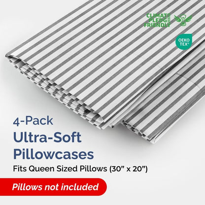 Queen Pillow Cases Set of 4 - Ultra Soft Hotel Quality Pillowcase Covers - Comfy, Cozy & Wrinkle Free - Shrinkage and Fade Resistant - Machine Washable Pillow Protectors - 4 Piece Set - Grey Stripes 2
